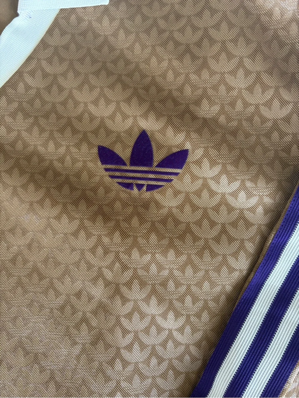 Rare Adidas Originals LS Collared Jersey in Brown Desert Monogram Trefoil, sz XL